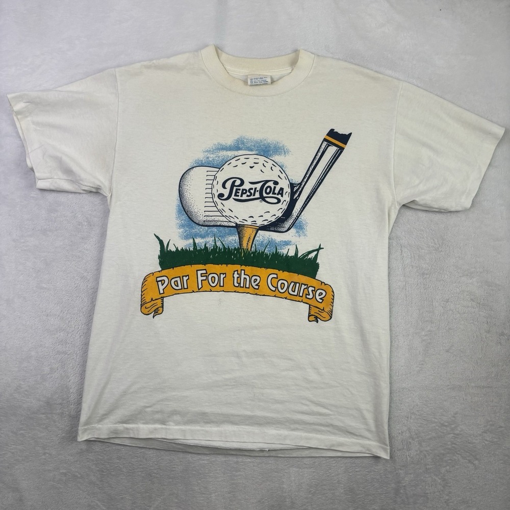 VTG Pepsi Cola Par For The Course White SS Graphic Shirt Distressed Men's LG - Picture 1 of 6